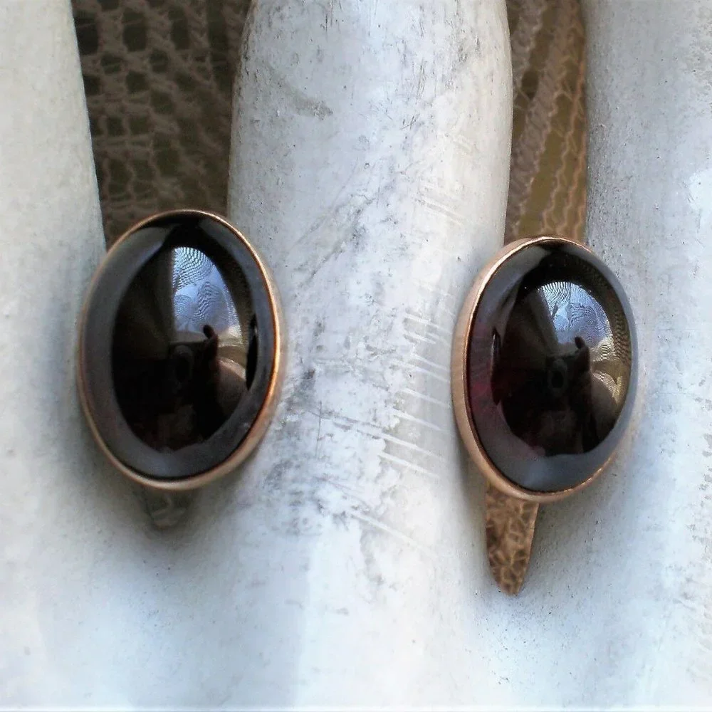 Antique Art Deco Solid 14K Rose Pink Gold Red Garnet Cabochon Cufflinks